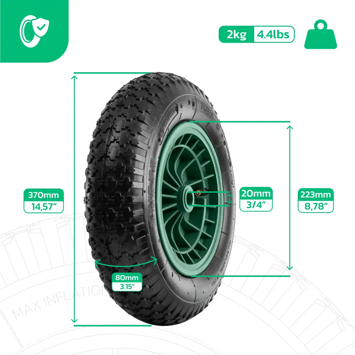 Pneumatico carrello 3.50-8 cerchio pvc alesaggio 20mm