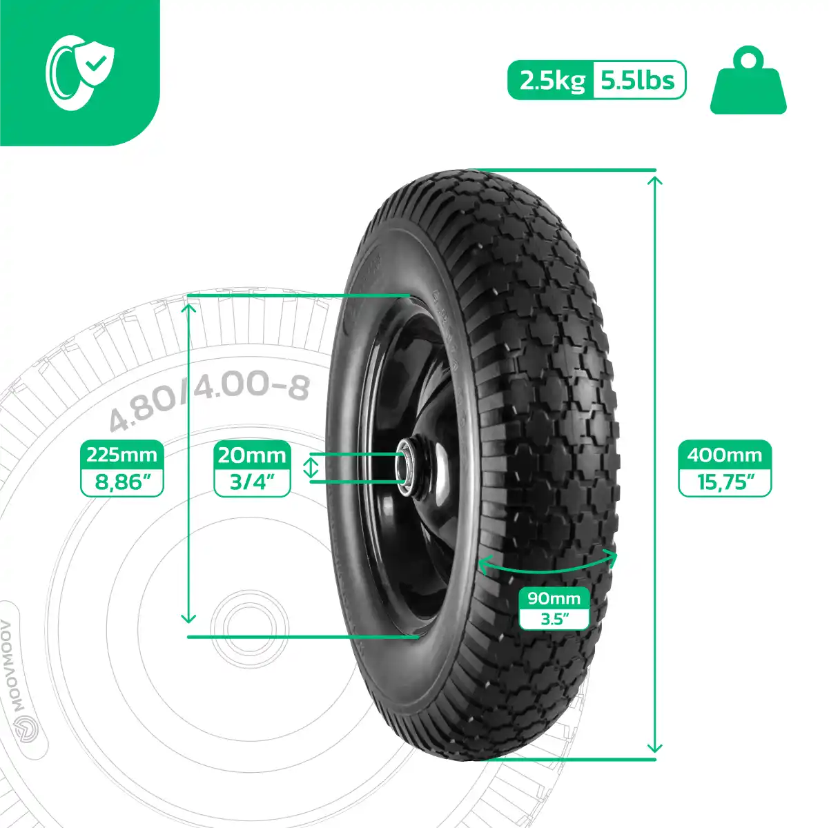 Pneumatico pieno 4.80/4.00-8 carriola cerchio in acciaio alesaggio 20mm