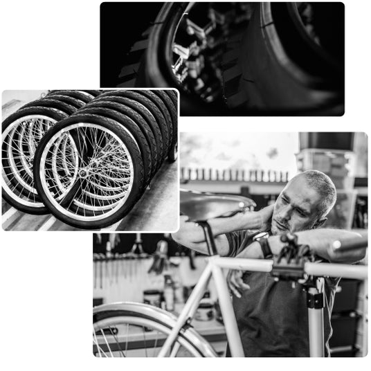 Roue di biciclette accatastate e professionista nella riparazione dei mezzi di mobilità dolce