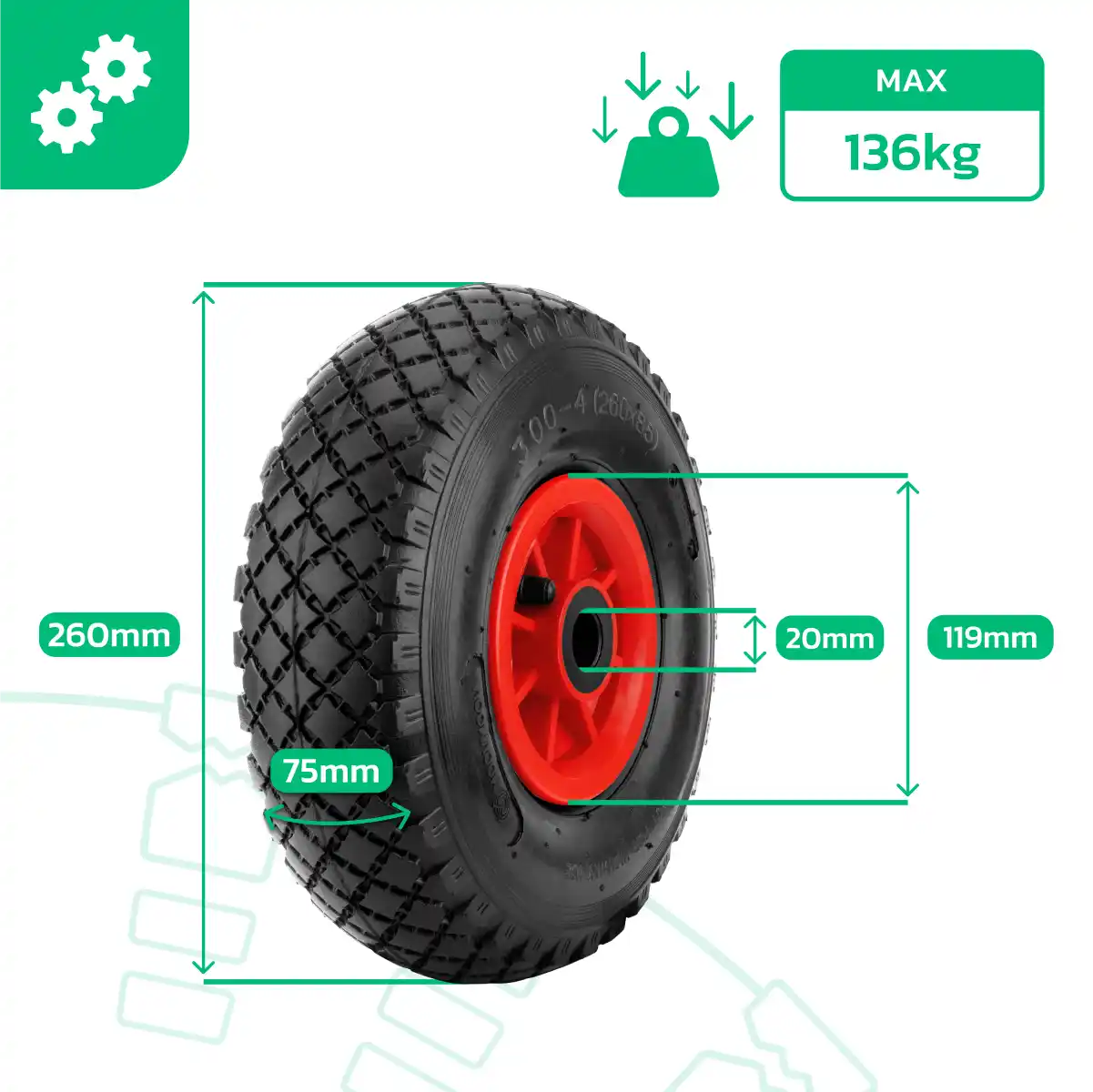 Ruota 3.00-4 cerchione pvc alesaggio 20mm carretto da giardino