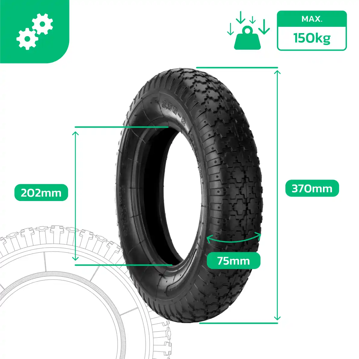 Roue 3.50-8 giardino carriola con camera d'aria valvola dritta